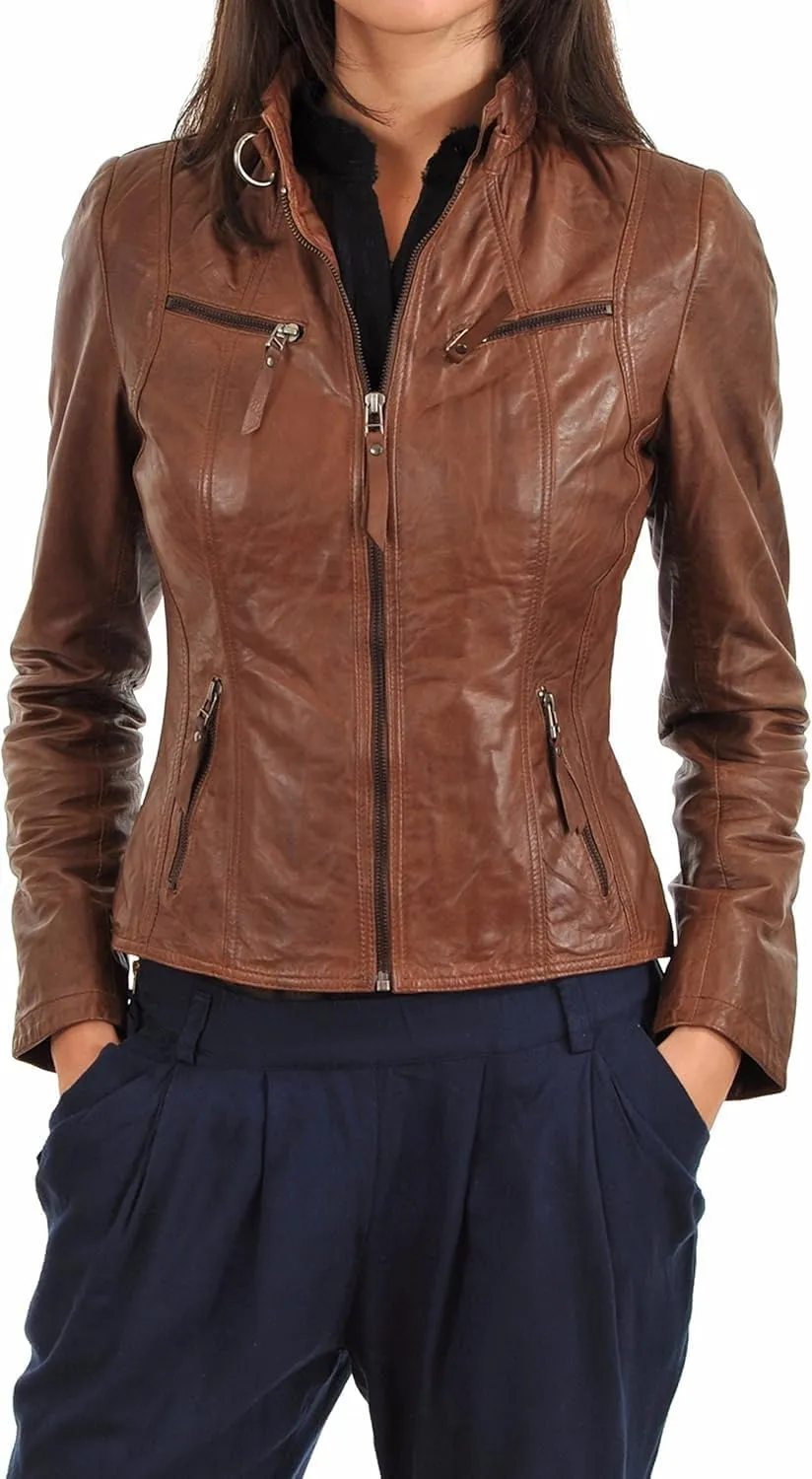 Women's Motorcycle Genuine Leather Jacket - Lambskin Leather Jacket Woman - Real Leather Jackets for Women