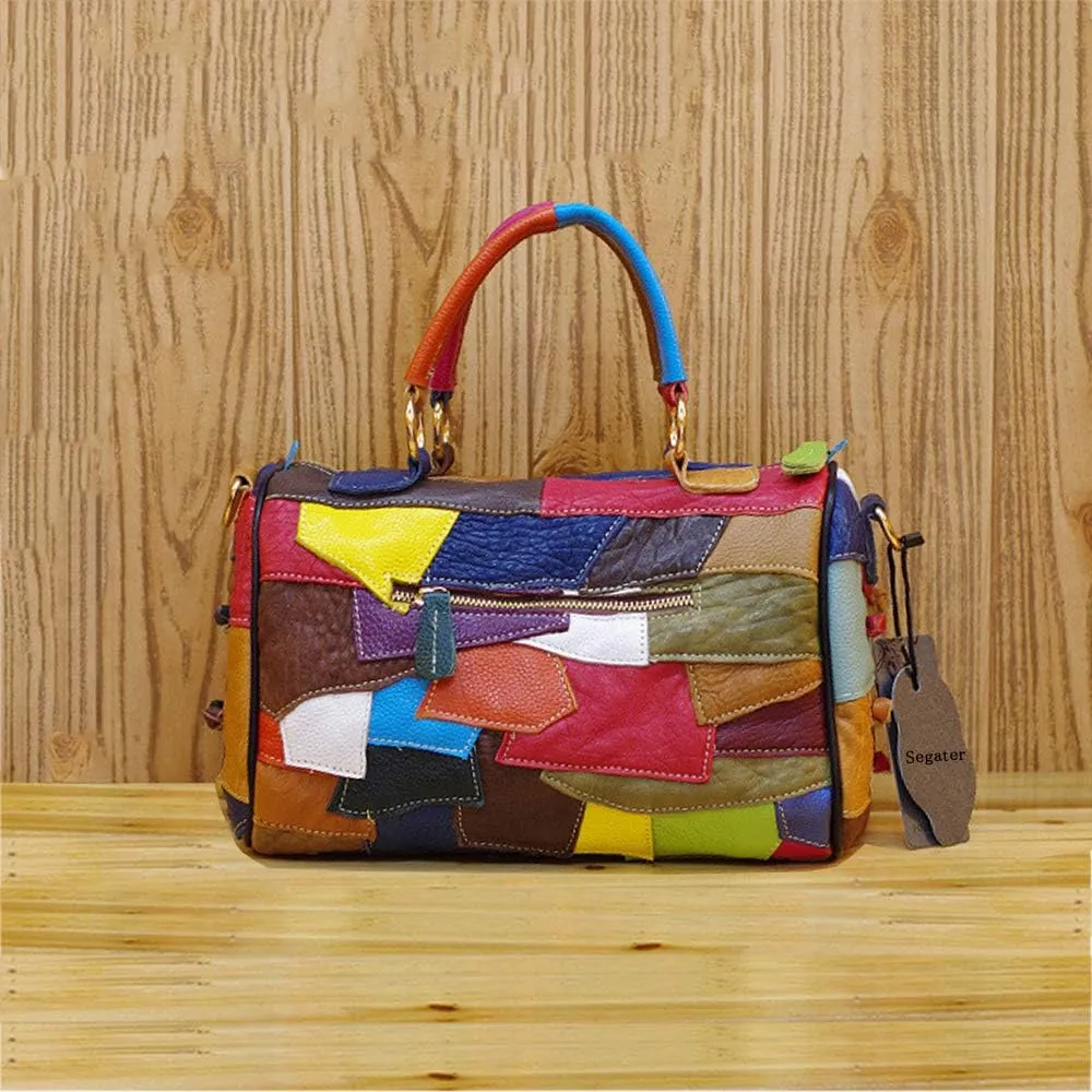 Women's Multicolor Handbag Genuine Leather Unique Color matching Design Crossbody Shoulder Bag Purses