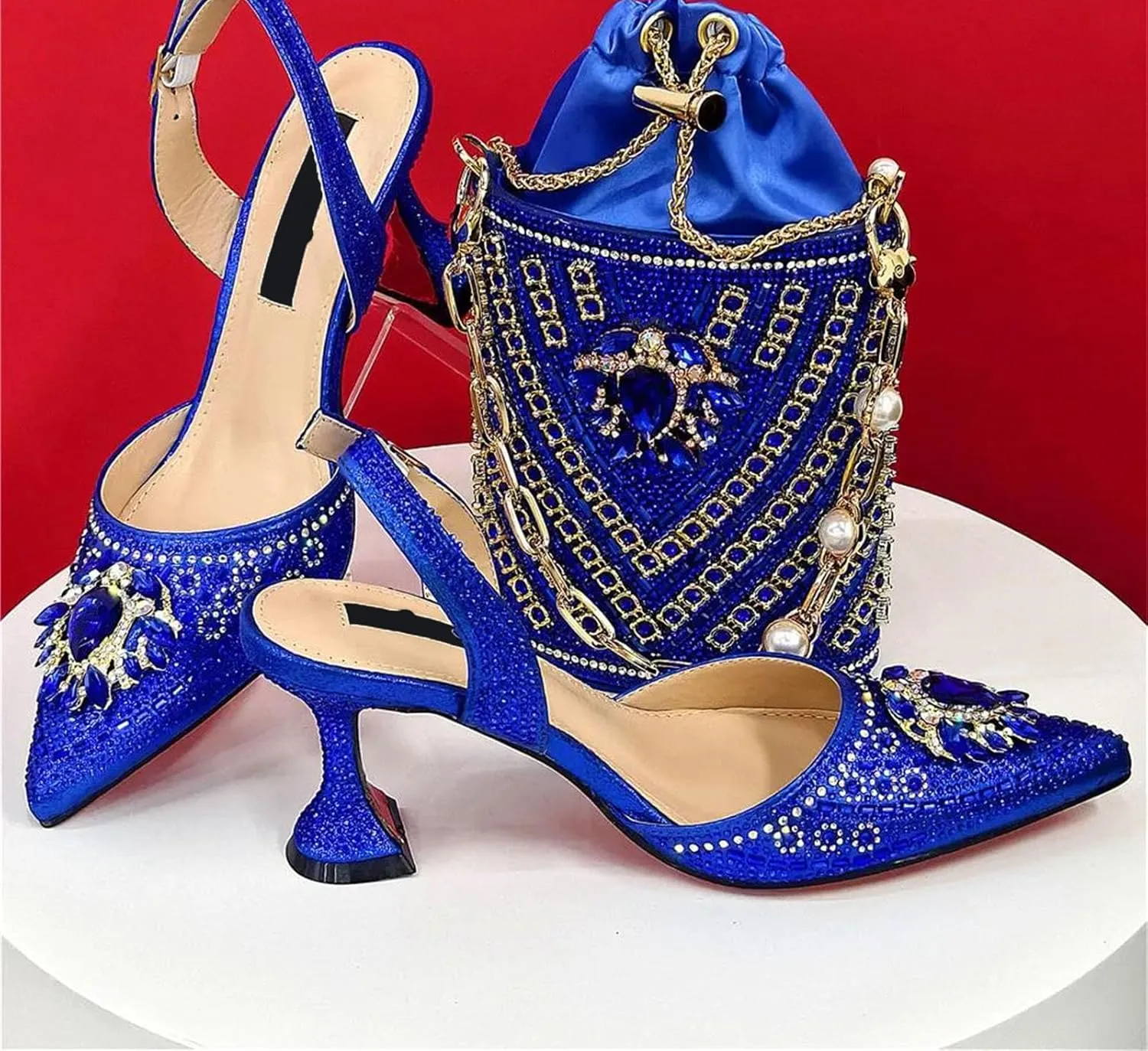 Women's Nigerian Blue Bridal Set - Rhinestone-Embellished Pumps & Beaded Clutch for Traditional Weddings