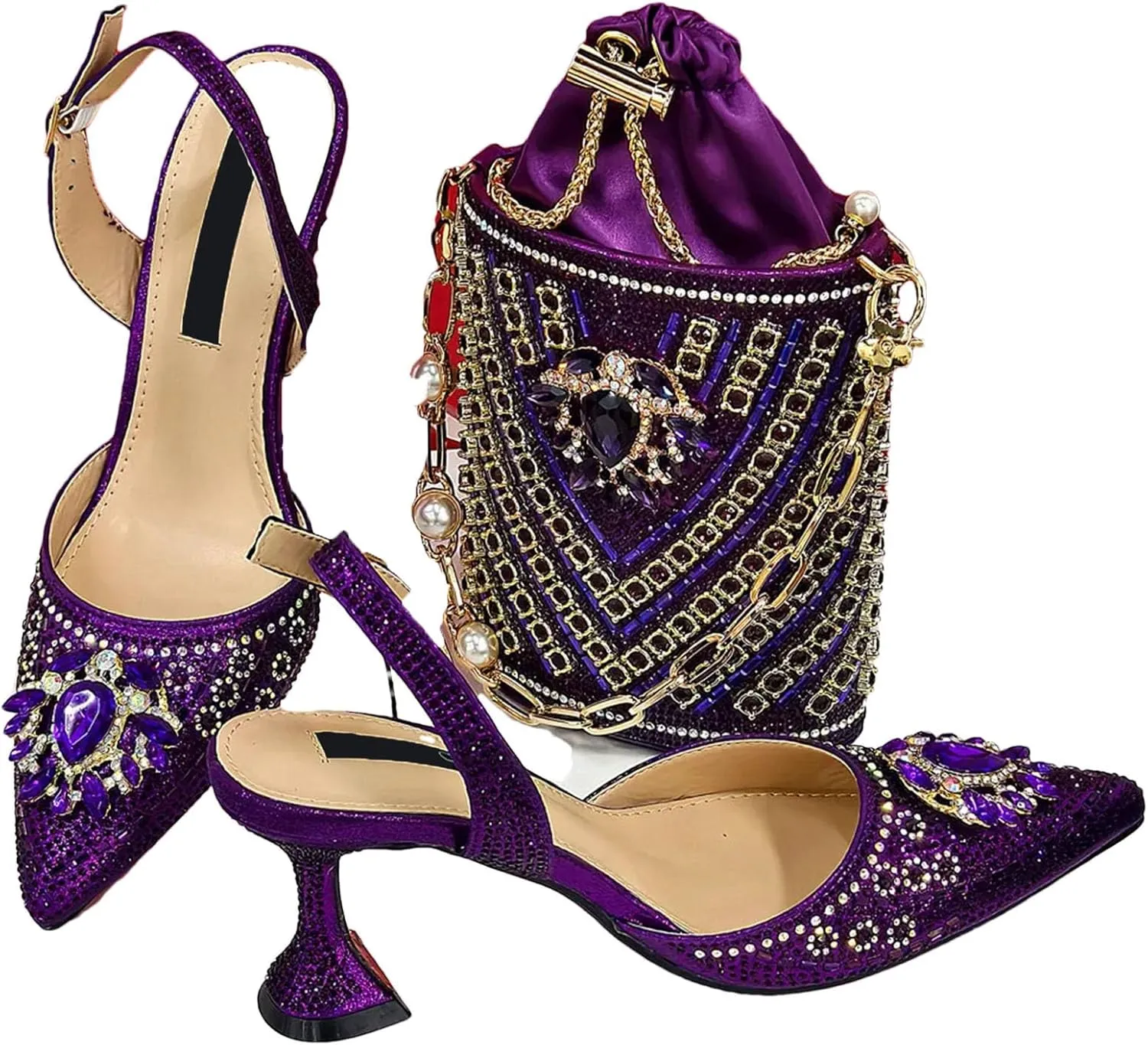 Women's Nigerian Blue Bridal Set - Rhinestone-Embellished Pumps & Beaded Clutch for Traditional Weddings
