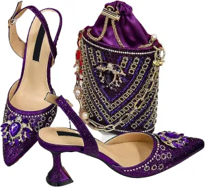 Women's Nigerian Blue Bridal Set - Rhinestone-Embellished Pumps & Beaded Clutch for Traditional Weddings
