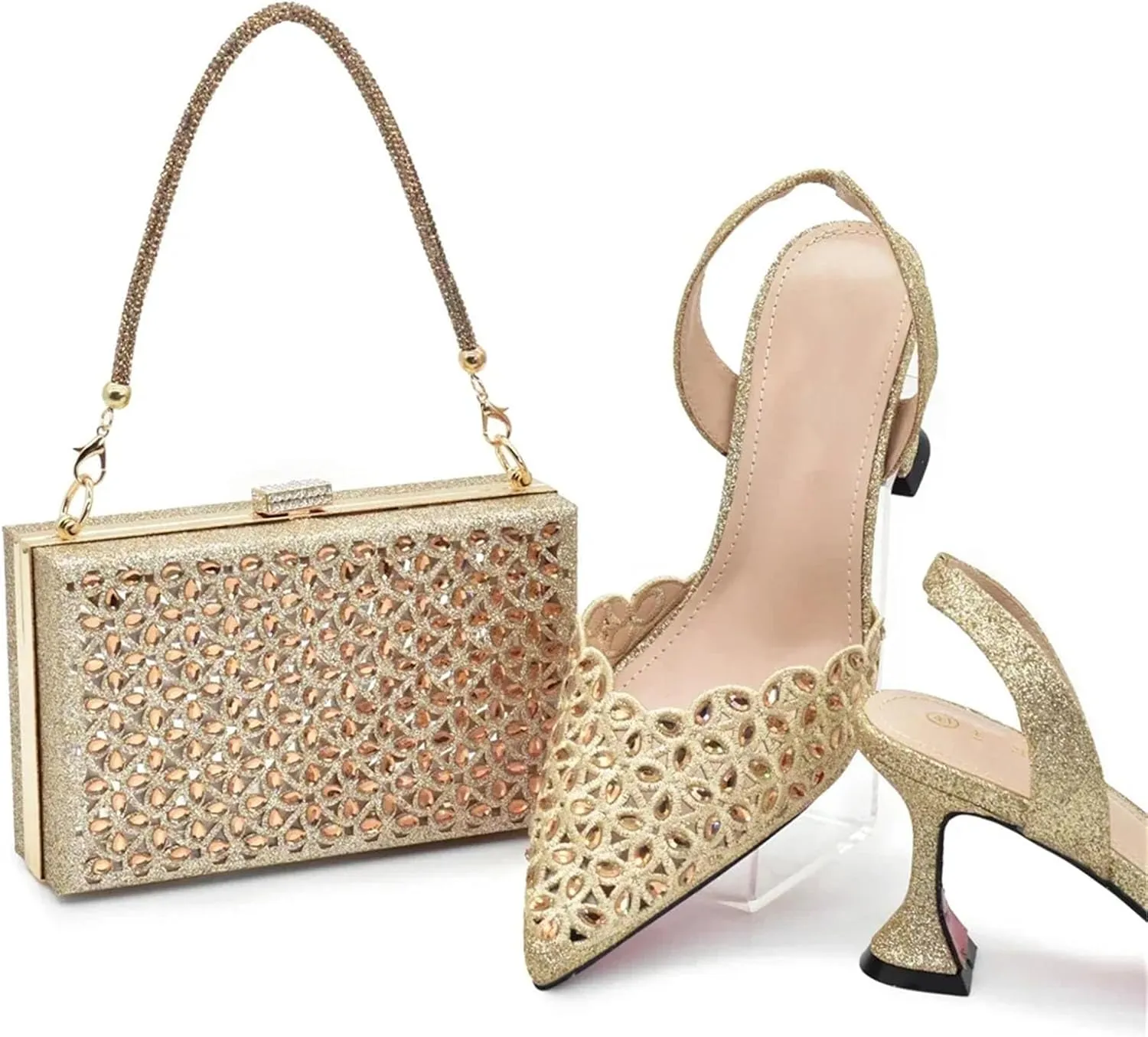 Women's Nigerian Bride Luxury Set - High Heel Italian Shoes & Rhinestone-Embellished Wedding Bag