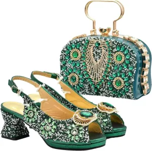 Women's Nigerian-Italian Wedge Set - Rhinestone-Embellished Shoes & Matching Bag