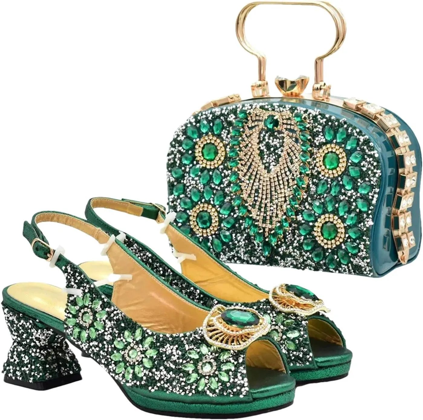 Women's Nigerian-Italian Wedge Set - Rhinestone-Embellished Shoes & Matching Bag