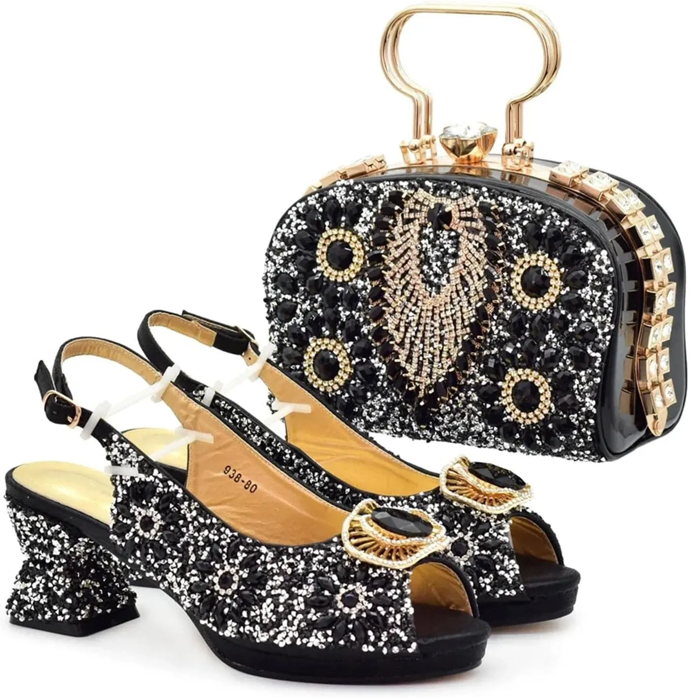 Women's Nigerian-Italian Wedge Set - Rhinestone-Embellished Shoes & Matching Bag