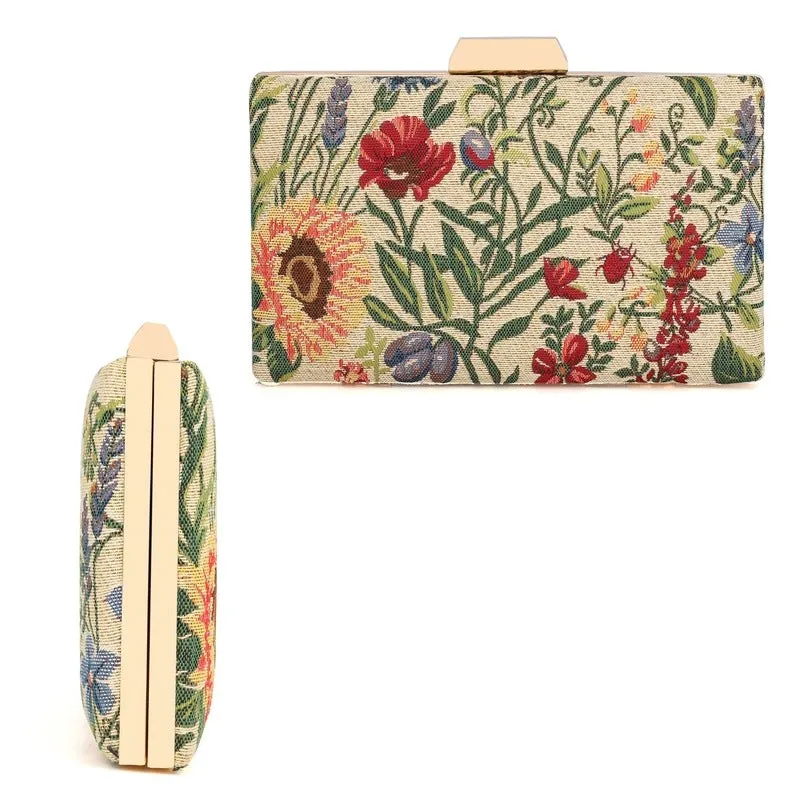 Womens Party Clutch - Tapestry Design with Chain Strap | 1.04 L | Flax