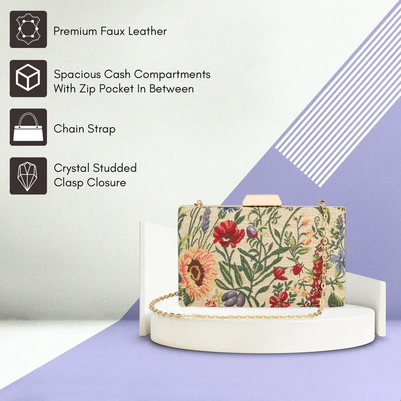 Womens Party Clutch - Tapestry Design with Chain Strap | 1.04 L | Flax