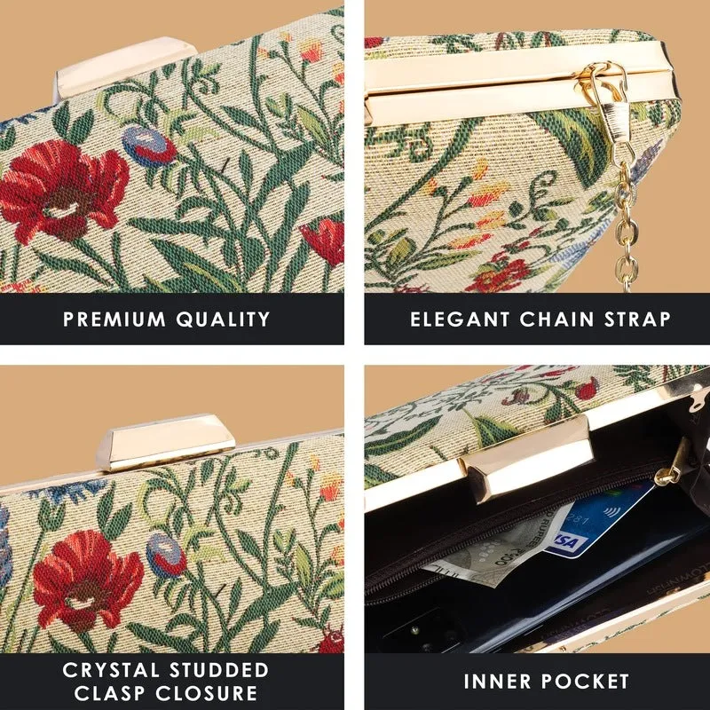 Womens Party Clutch - Tapestry Design with Chain Strap | 1.04 L | Flax