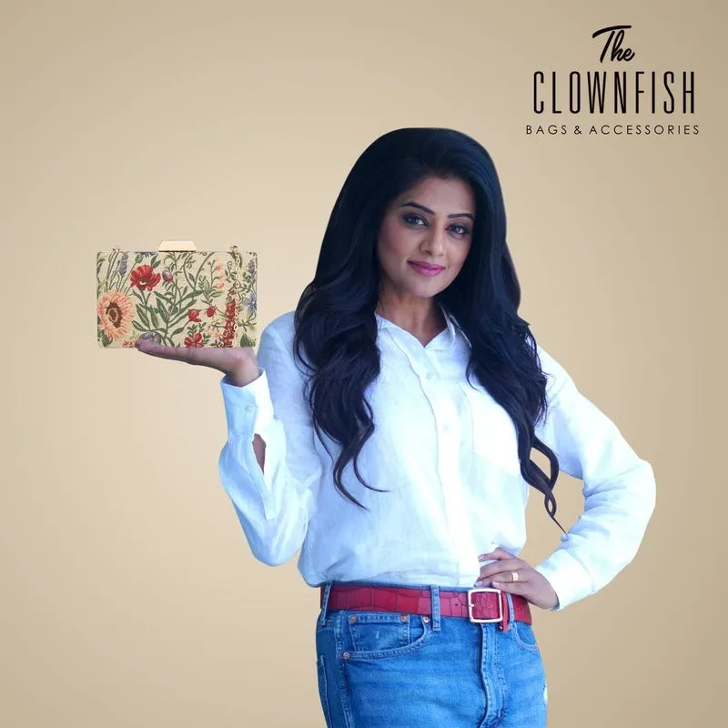 Womens Party Clutch - Tapestry Design with Chain Strap | 1.04 L | Flax