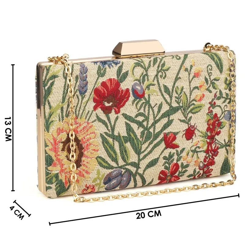 Womens Party Clutch - Tapestry Design with Chain Strap | 1.04 L | Flax