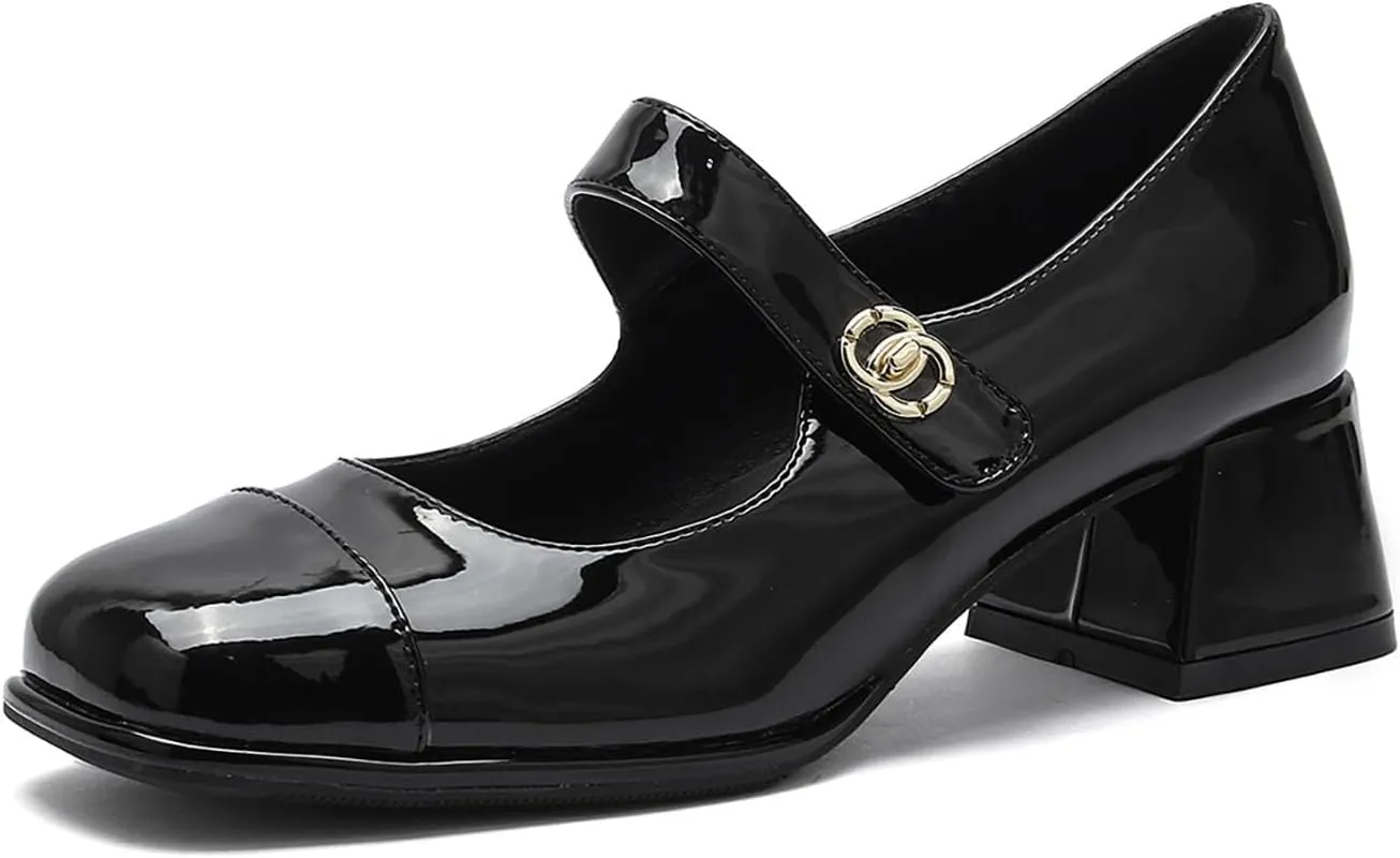 Women's Patent Leather Classic Mary Jane Chunky Heel,Dressy Round Toe Pumps,Retro Mary Jane Soft Work Low Heels