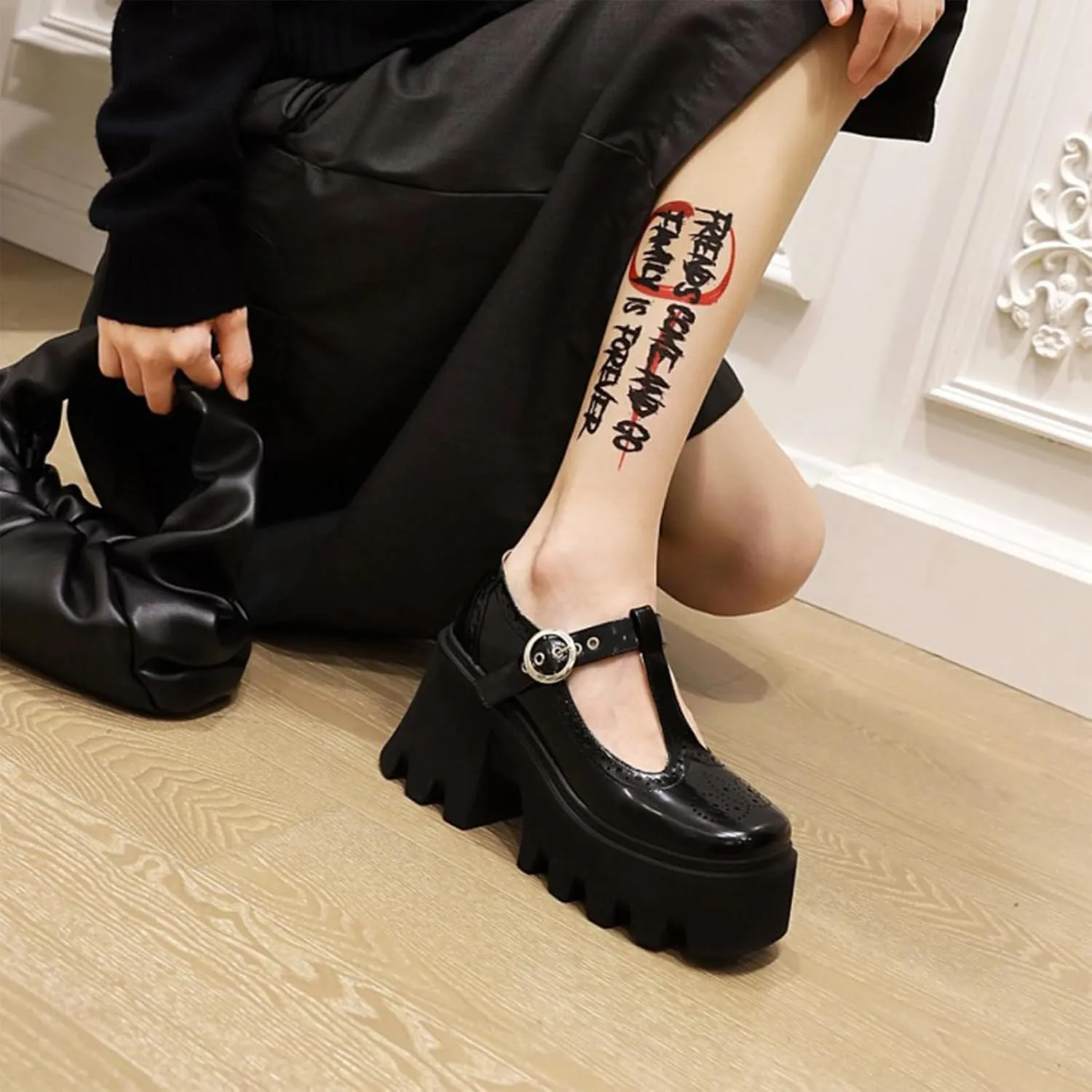 Women's Patent Leather Mary Jane Pumps - Chunky Heel Platform Shoes with T-Strap Non-Slip Lug Sole & Adjustable Hook Loop Dressy Heels for Work or Parties