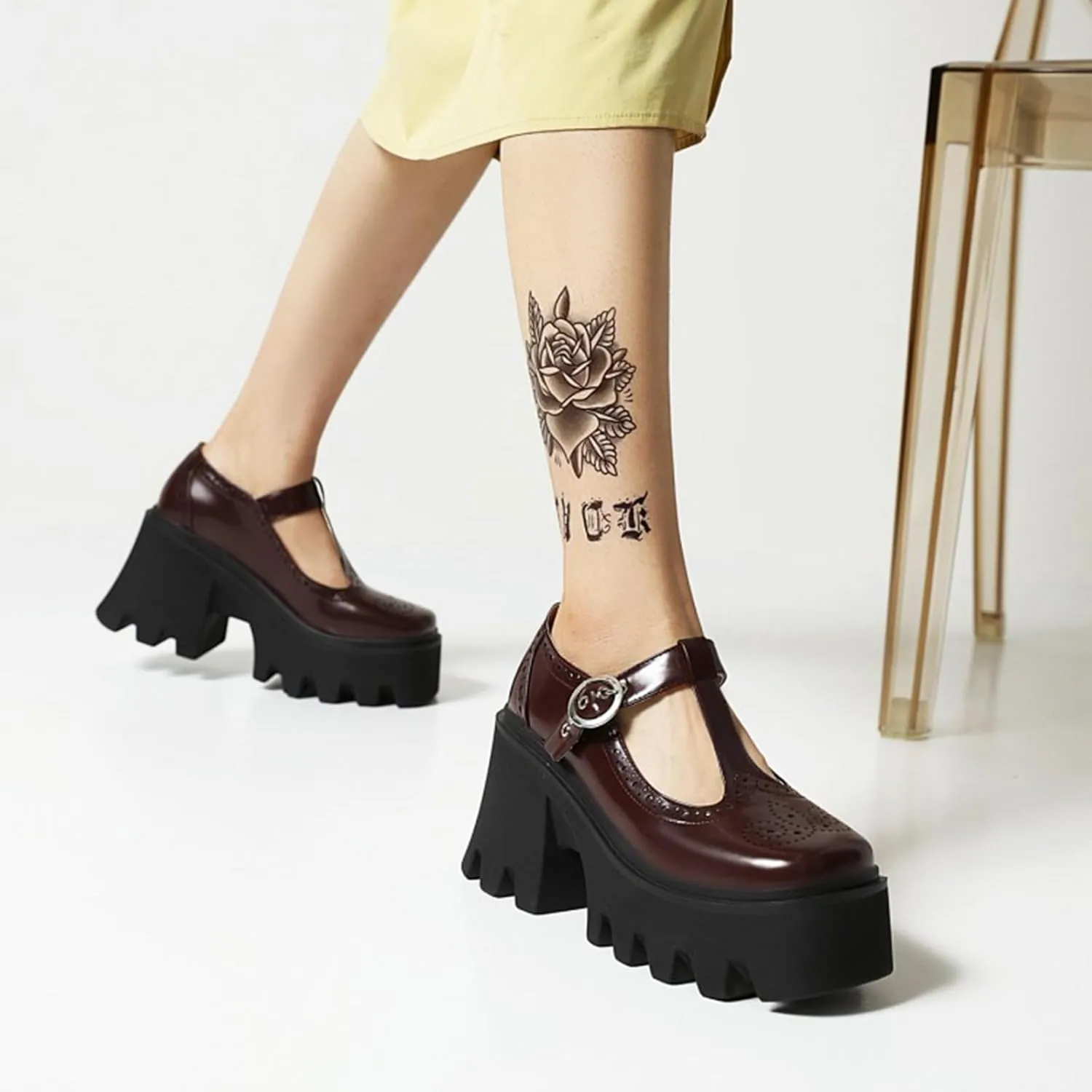 Women's Patent Leather Mary Jane Pumps - Chunky Heel Platform Shoes with T-Strap Non-Slip Lug Sole & Adjustable Hook Loop Dressy Heels for Work or Parties