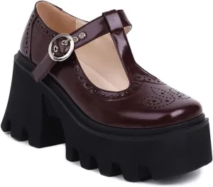 Women's Patent Leather Mary Jane Pumps - Chunky Heel Platform Shoes with T-Strap Non-Slip Lug Sole & Adjustable Hook Loop Dressy Heels for Work or Parties