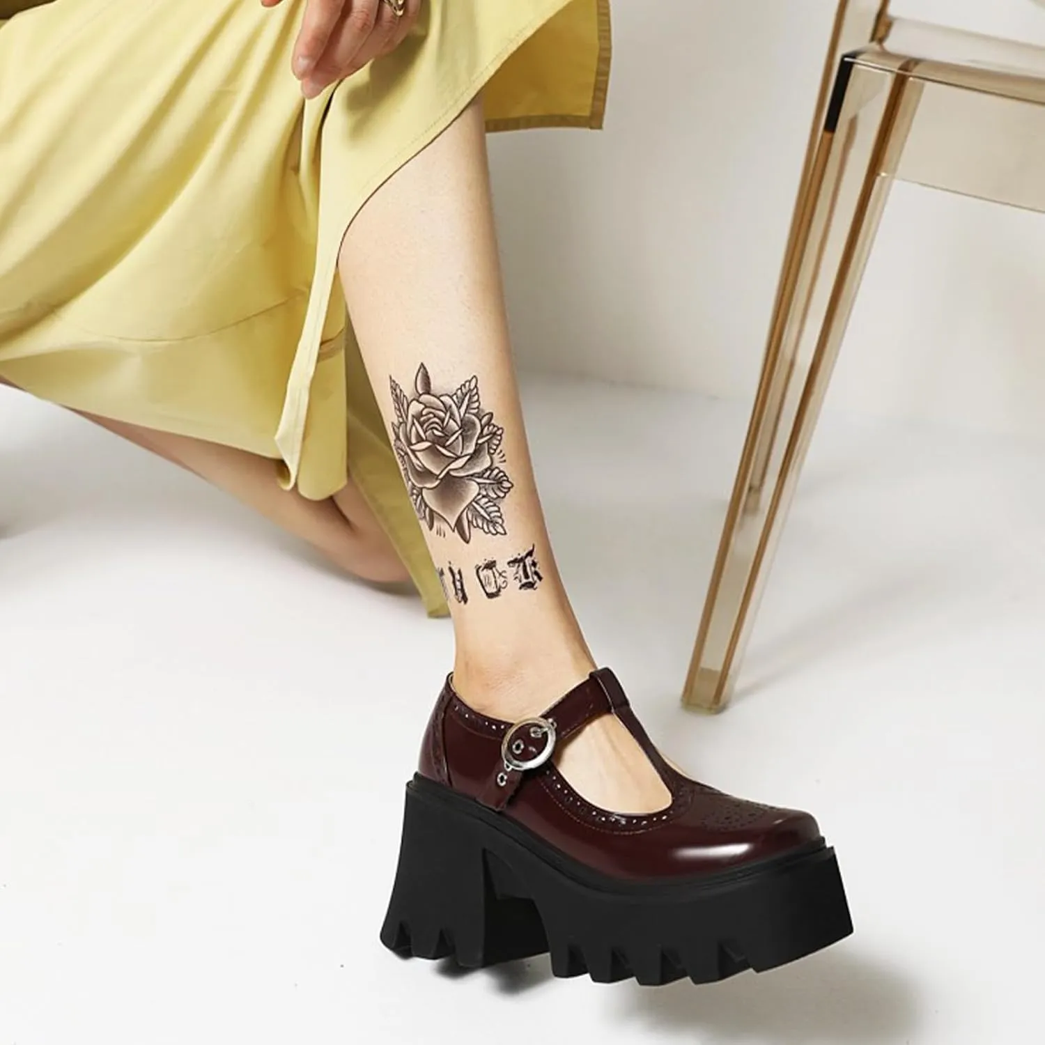 Women's Patent Leather Mary Jane Pumps - Chunky Heel Platform Shoes with T-Strap Non-Slip Lug Sole & Adjustable Hook Loop Dressy Heels for Work or Parties