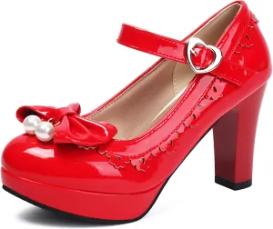 Women's Patent Leather Platform Chunky Heel Mary Jane Heels Comfort Closed Toe Elegant Pearl Bow Ankle Strap Kawaii Dress Pumps
