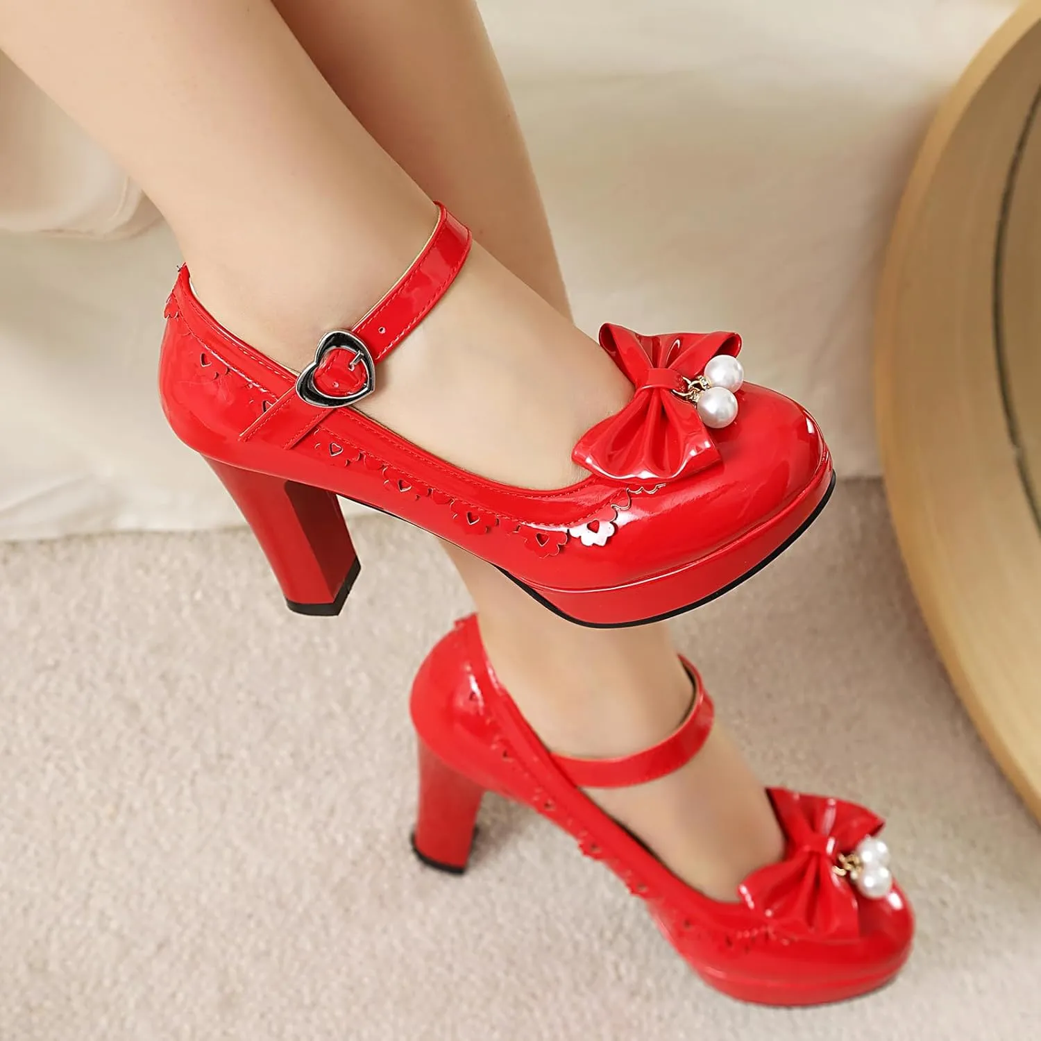 Women's Patent Leather Platform Chunky Heel Mary Jane Heels Comfort Closed Toe Elegant Pearl Bow Ankle Strap Kawaii Dress Pumps