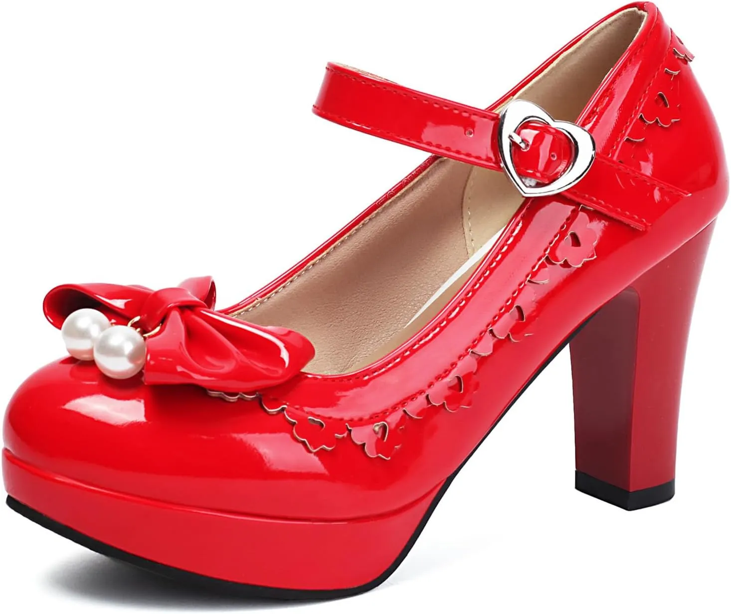 Women's Patent Leather Platform Chunky Heel Mary Jane Heels Comfort Closed Toe Elegant Pearl Bow Ankle Strap Kawaii Dress Pumps