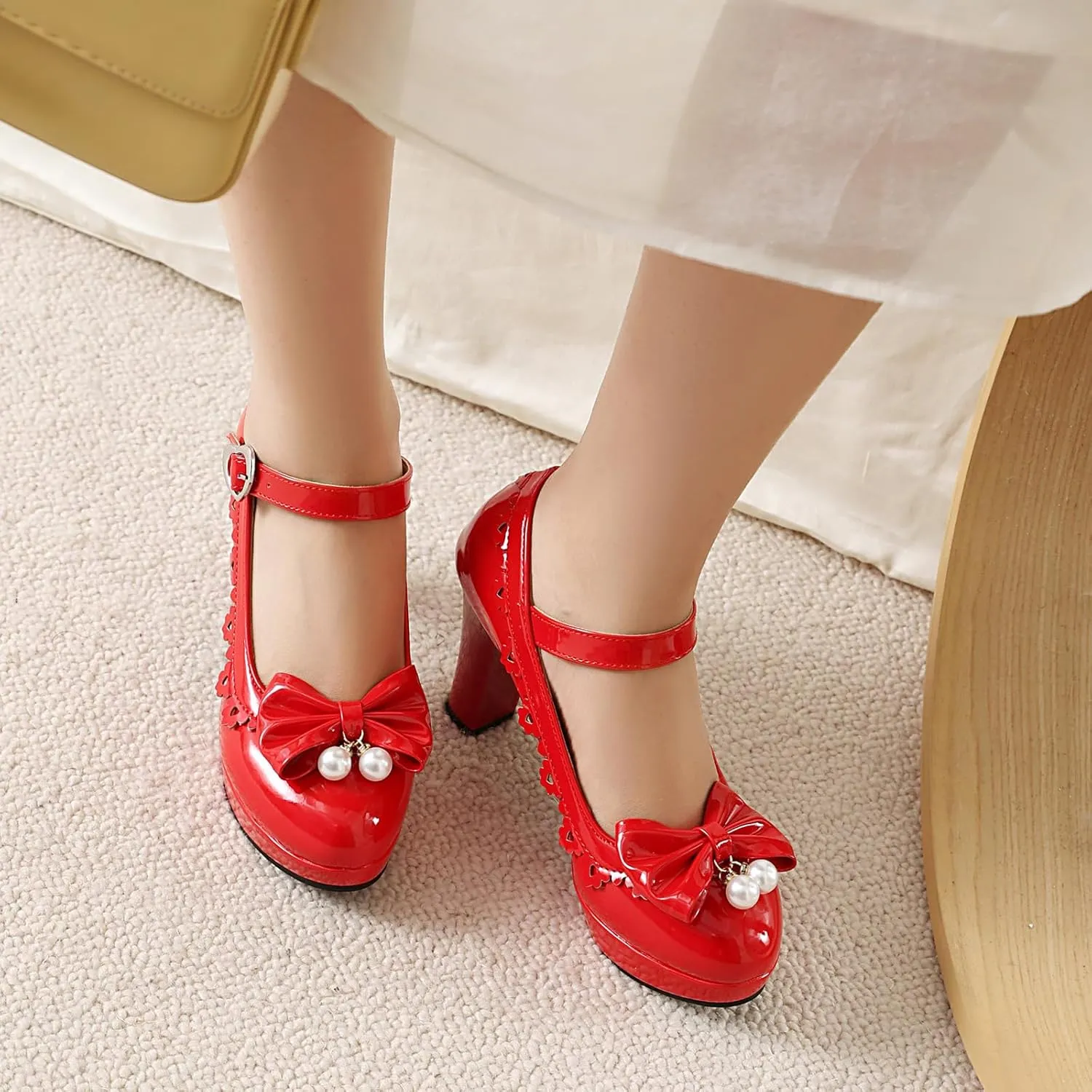 Women's Patent Leather Platform Chunky Heel Mary Jane Heels Comfort Closed Toe Elegant Pearl Bow Ankle Strap Kawaii Dress Pumps