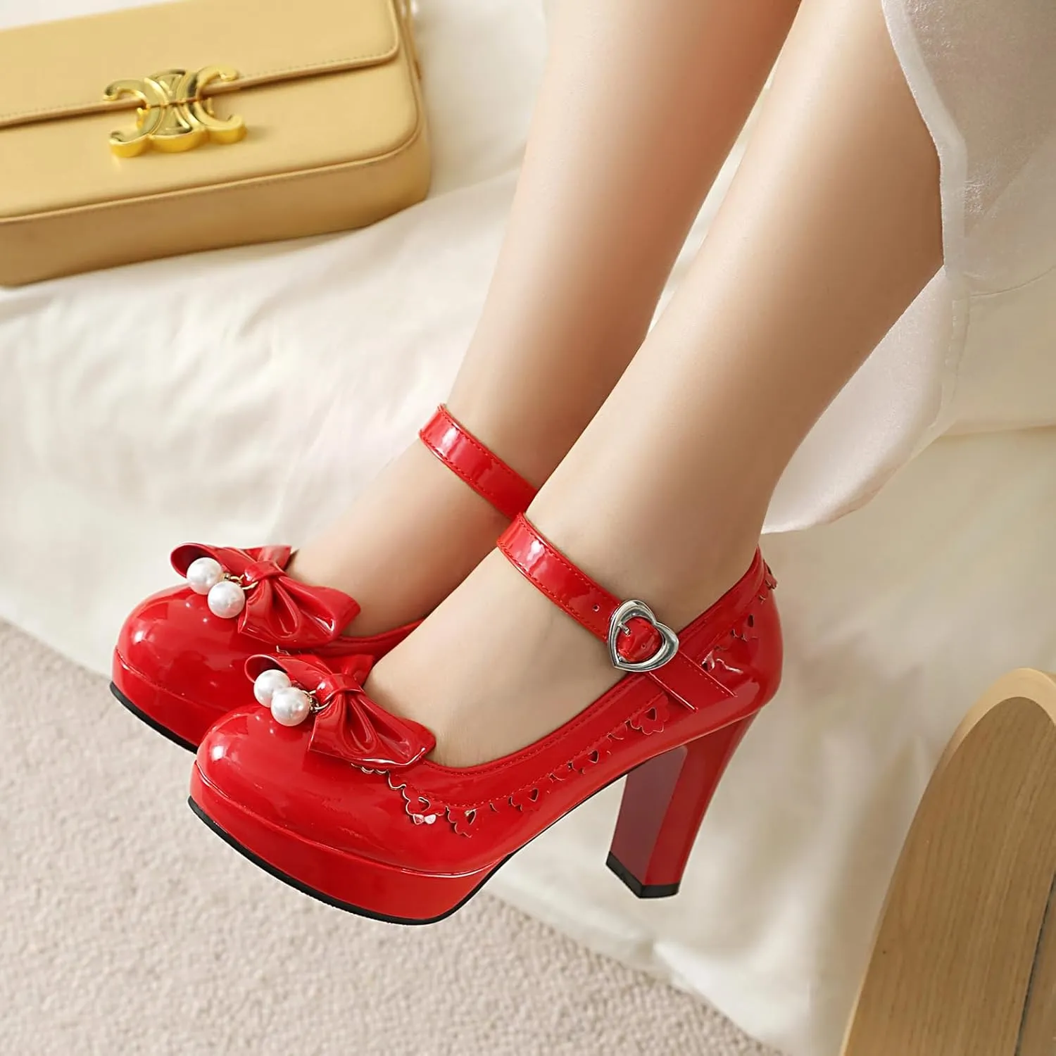 Women's Patent Leather Platform Chunky Heel Mary Jane Heels Comfort Closed Toe Elegant Pearl Bow Ankle Strap Kawaii Dress Pumps