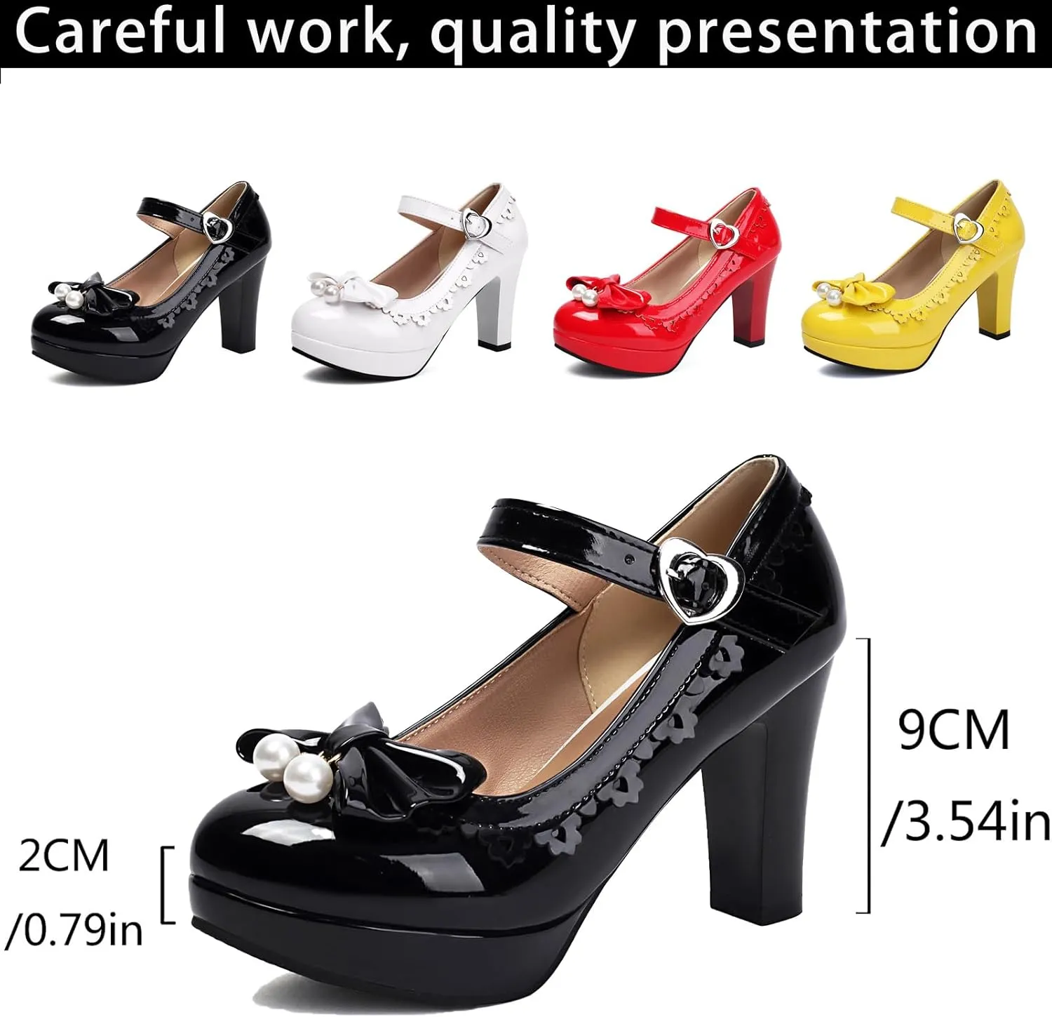 Women's Patent Leather Platform Chunky Heel Mary Jane Heels Comfort Closed Toe Elegant Pearl Bow Ankle Strap Kawaii Dress Pumps