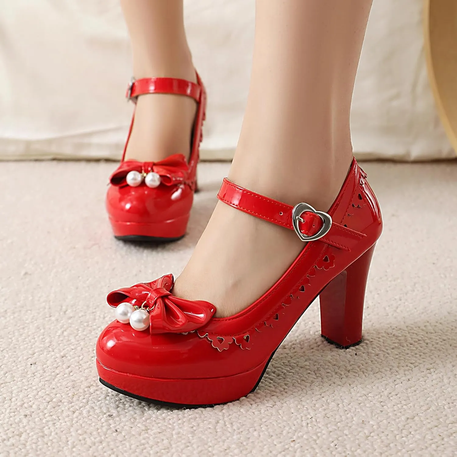 Women's Patent Leather Platform Chunky Heel Mary Jane Heels Comfort Closed Toe Elegant Pearl Bow Ankle Strap Kawaii Dress Pumps