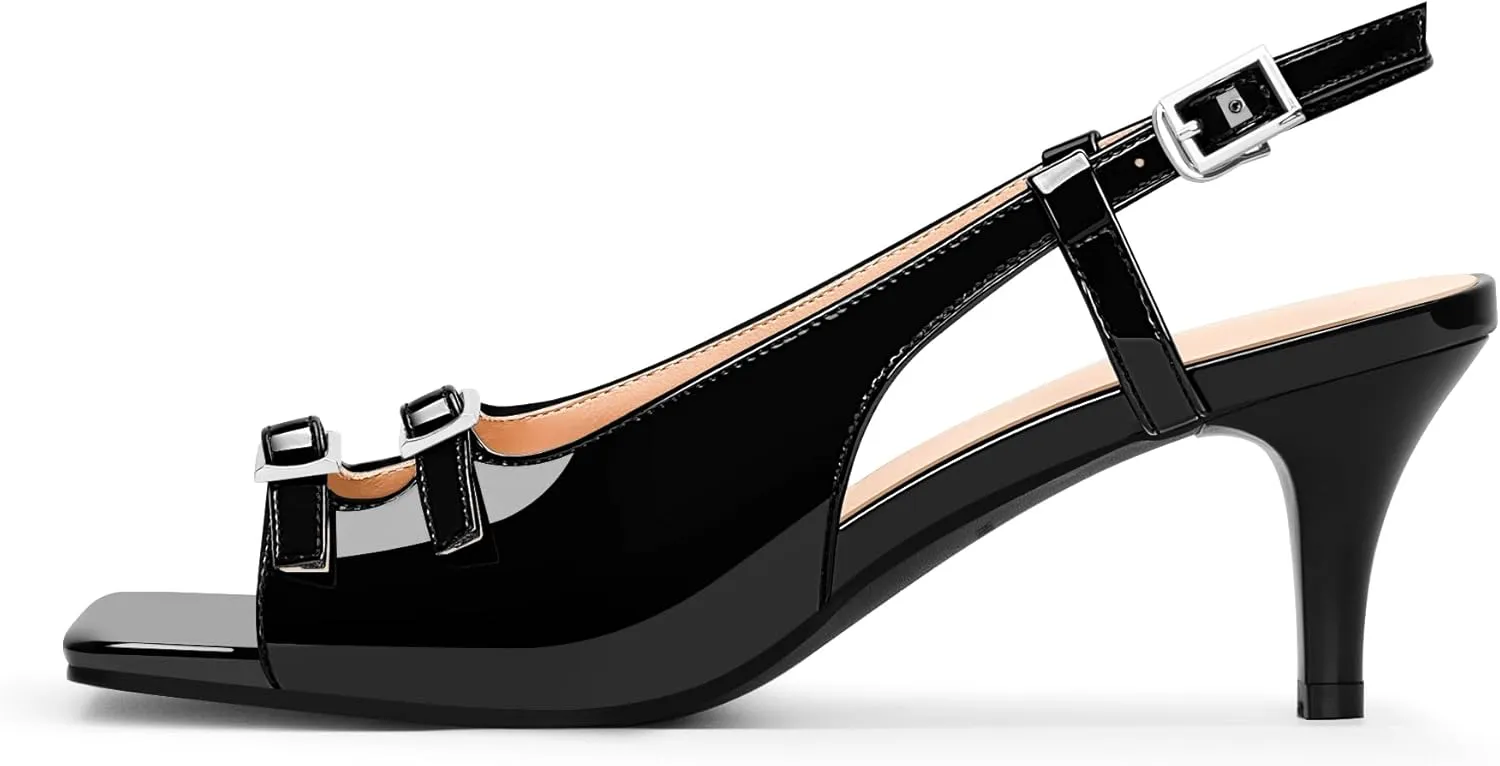 Women's Patent Leather Slingbacks Double Buckle Sandals Open Toe Mid Heel Dress Pumps