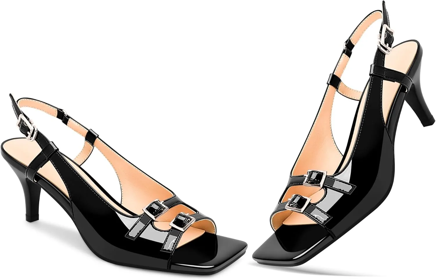 Women's Patent Leather Slingbacks Double Buckle Sandals Open Toe Mid Heel Dress Pumps