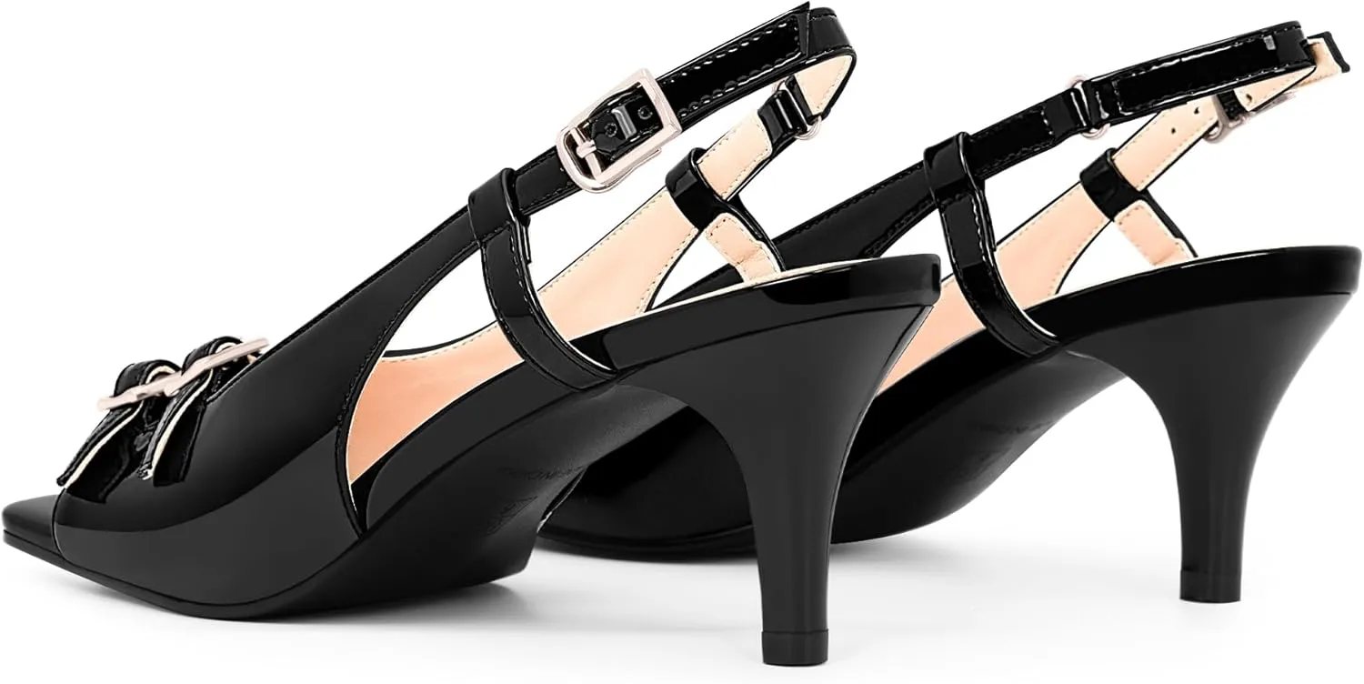 Women's Patent Leather Slingbacks Double Buckle Sandals Open Toe Mid Heel Dress Pumps