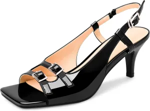 Women's Patent Leather Slingbacks Double Buckle Sandals Open Toe Mid Heel Dress Pumps