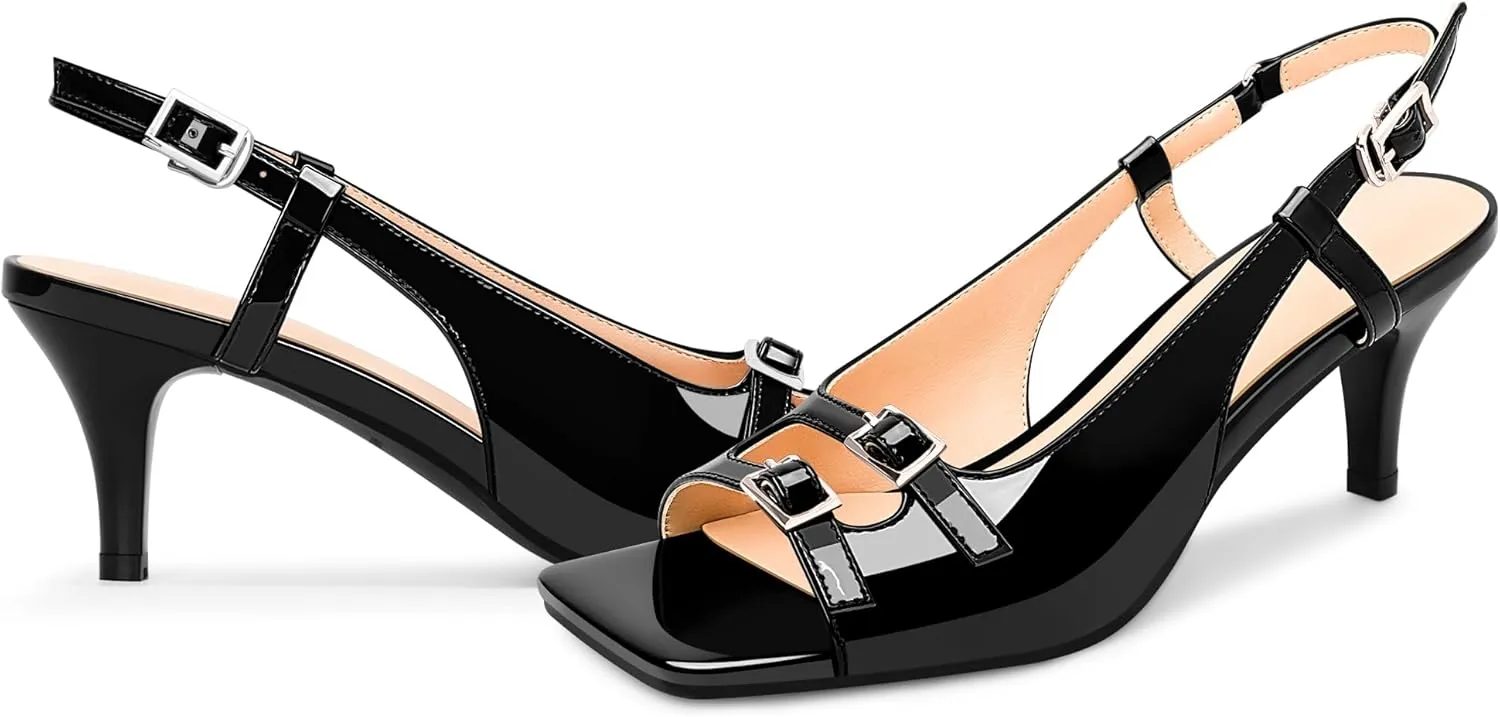 Women's Patent Leather Slingbacks Double Buckle Sandals Open Toe Mid Heel Dress Pumps
