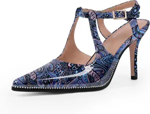 Women's Patent Leather T-Strap Stilettos High Heels Closed Pointed Toe Buckle Strap Dress Shoes Sexy Pumps