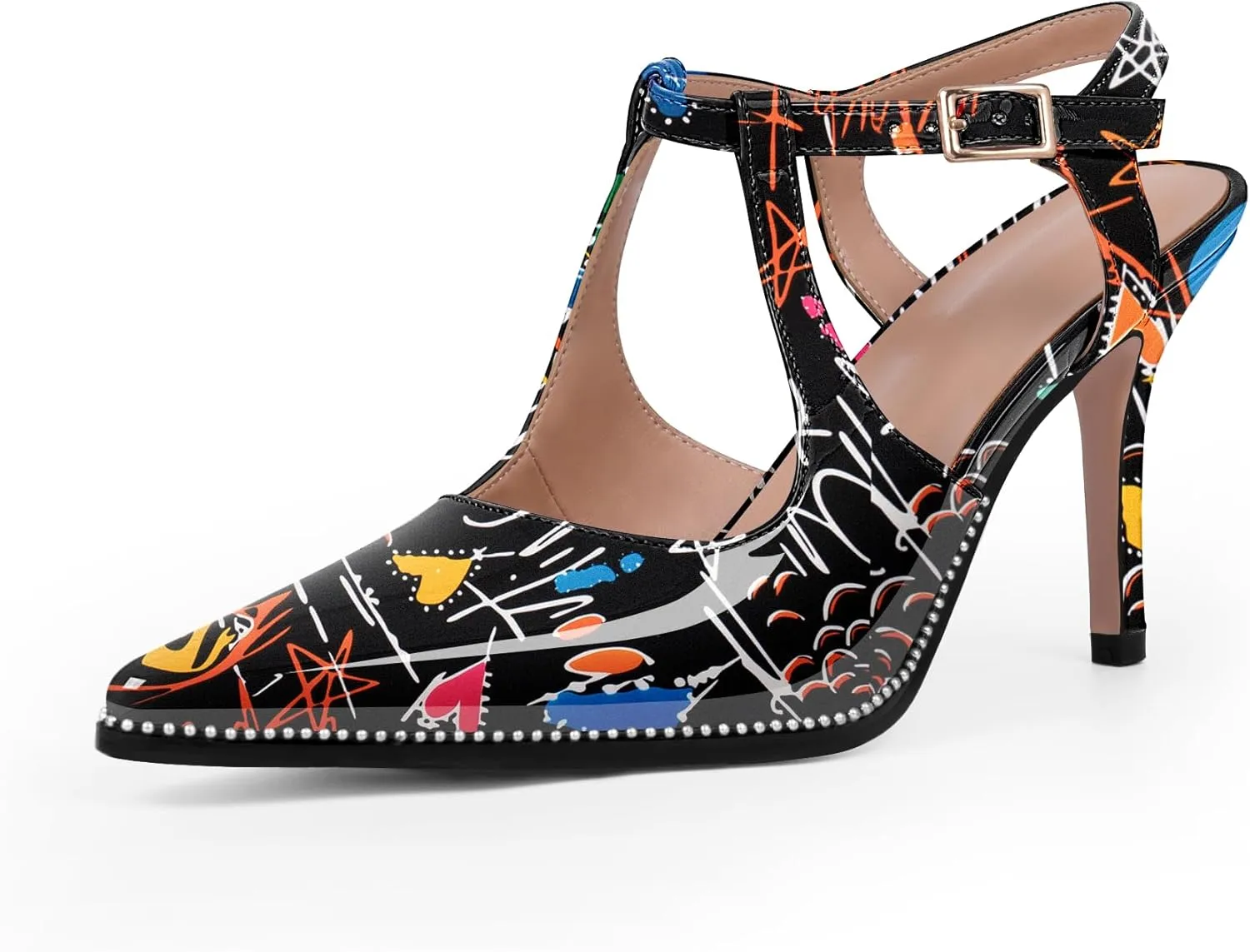 Women's Patent Leather T-Strap Stilettos High Heels Closed Pointed Toe Buckle Strap Dress Shoes Sexy Pumps