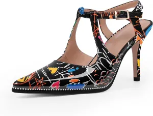 Women's Patent Leather T-Strap Stilettos High Heels Closed Pointed Toe Buckle Strap Dress Shoes Sexy Pumps