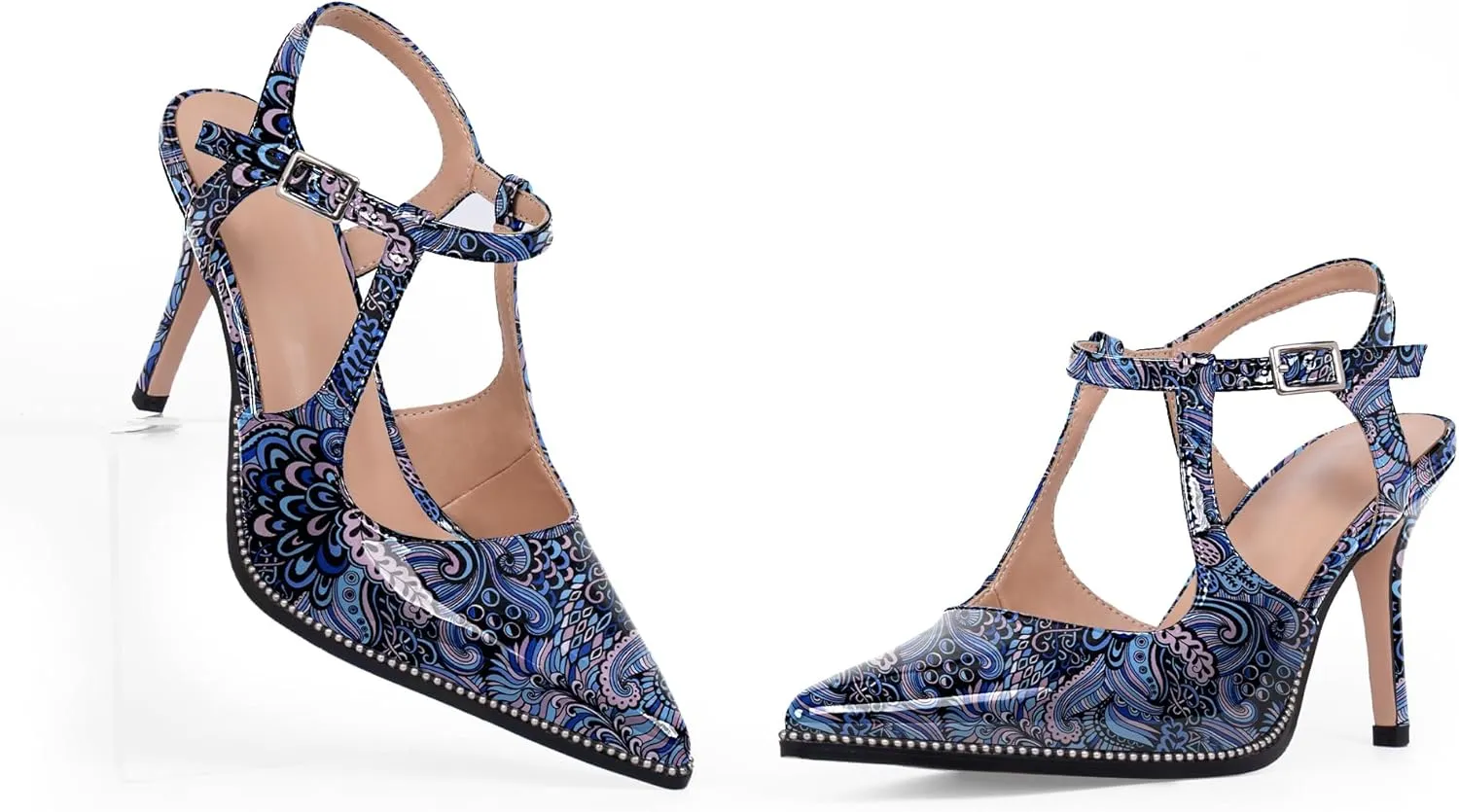 Women's Patent Leather T-Strap Stilettos High Heels Closed Pointed Toe Buckle Strap Dress Shoes Sexy Pumps