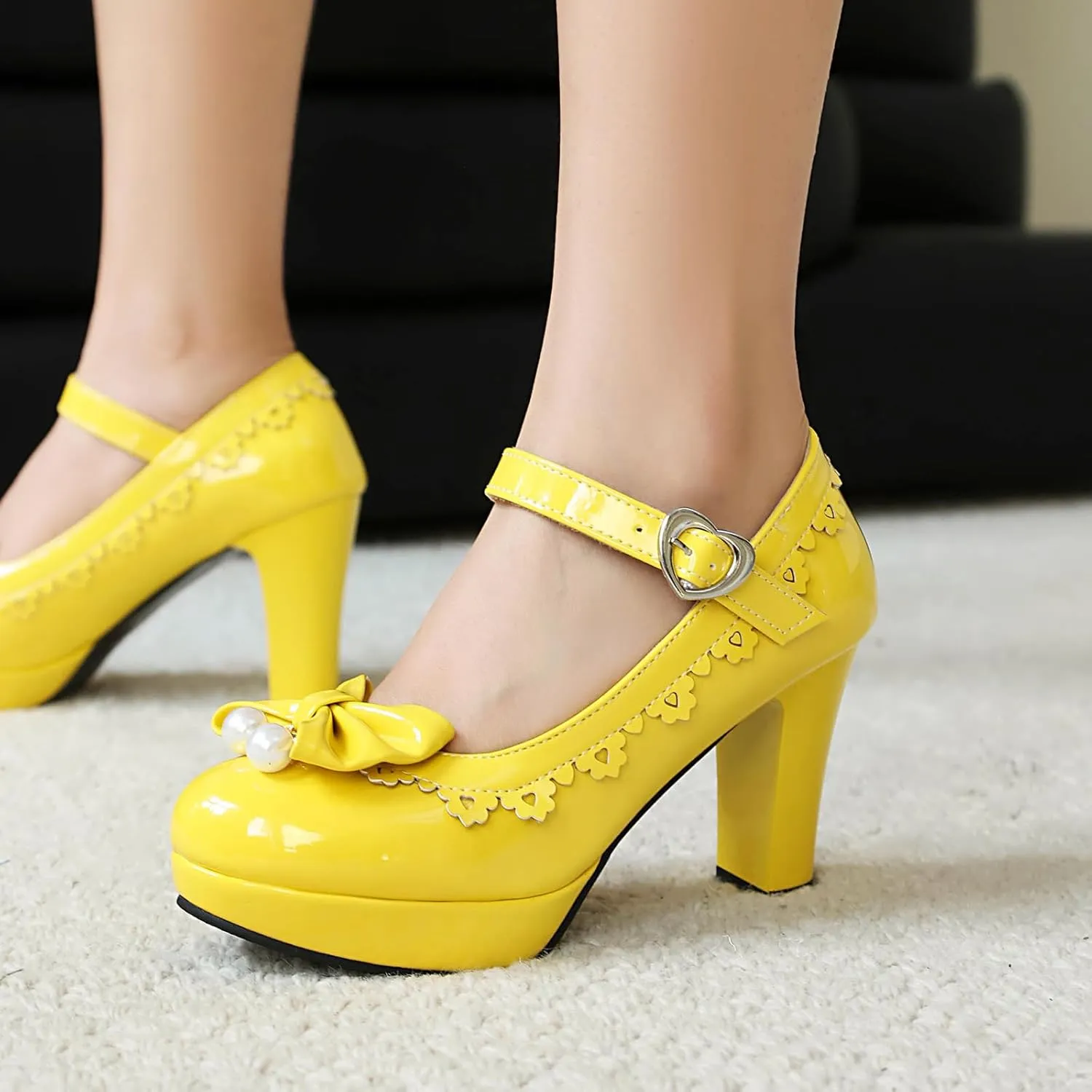 Women's Pearls Bow Platform High Heel Mary Janes Patent Leather Mirror Ruffles Grace Office Work Dress Pumps for Sweet Wedding Party Cosplay