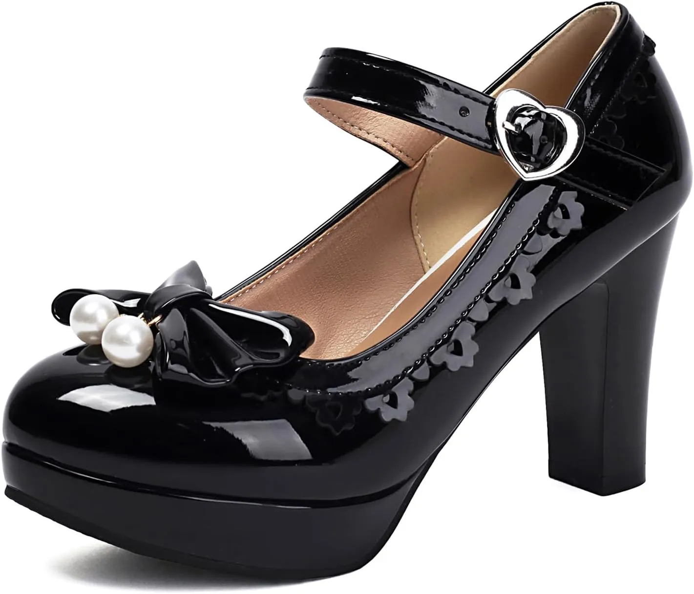 Women's Pearls Bow Platform High Heel Mary Janes Patent Leather Mirror Ruffles Grace Office Work Dress Pumps for Sweet Wedding Party Cosplay