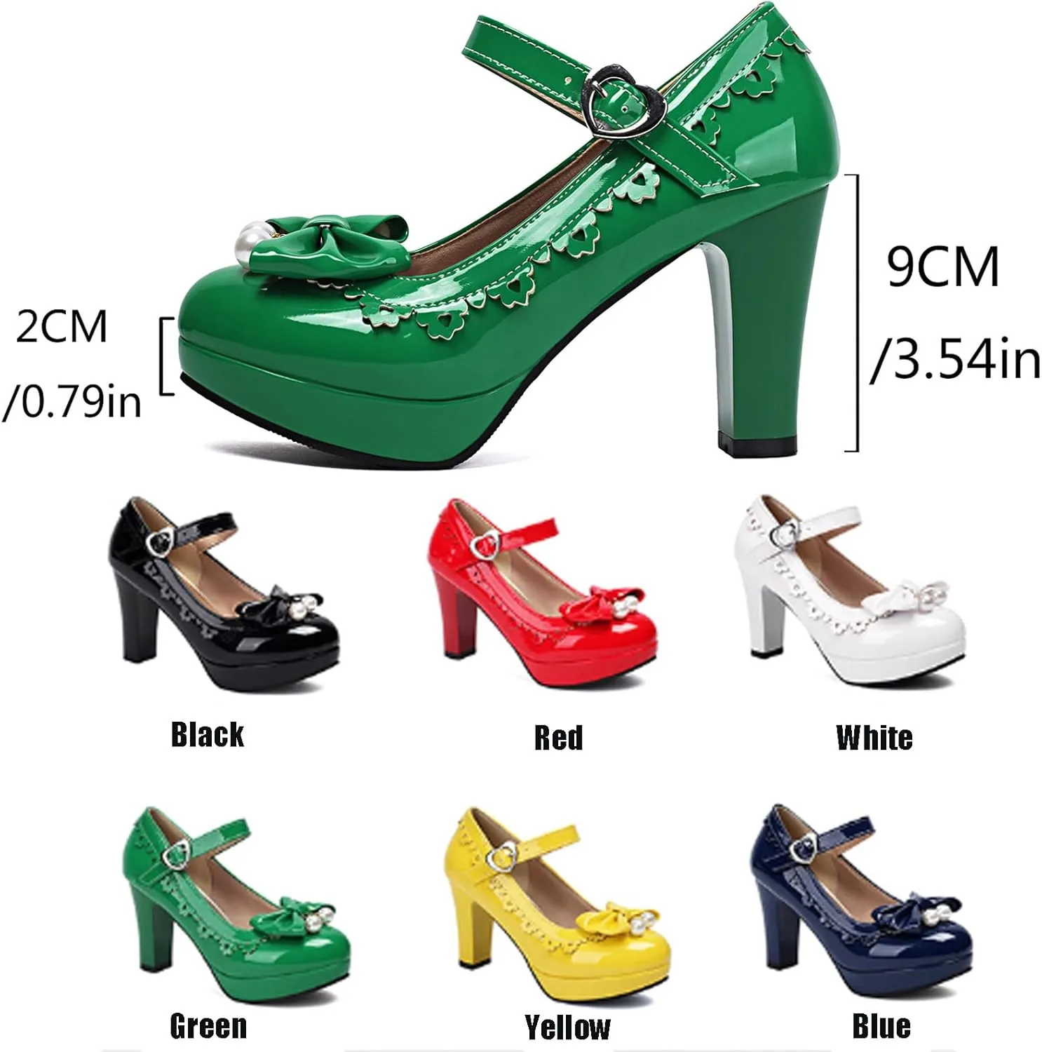 Women's Pearls Bow Platform High Heel Mary Janes Patent Leather Mirror Ruffles Grace Office Work Dress Pumps for Sweet Wedding Party Cosplay