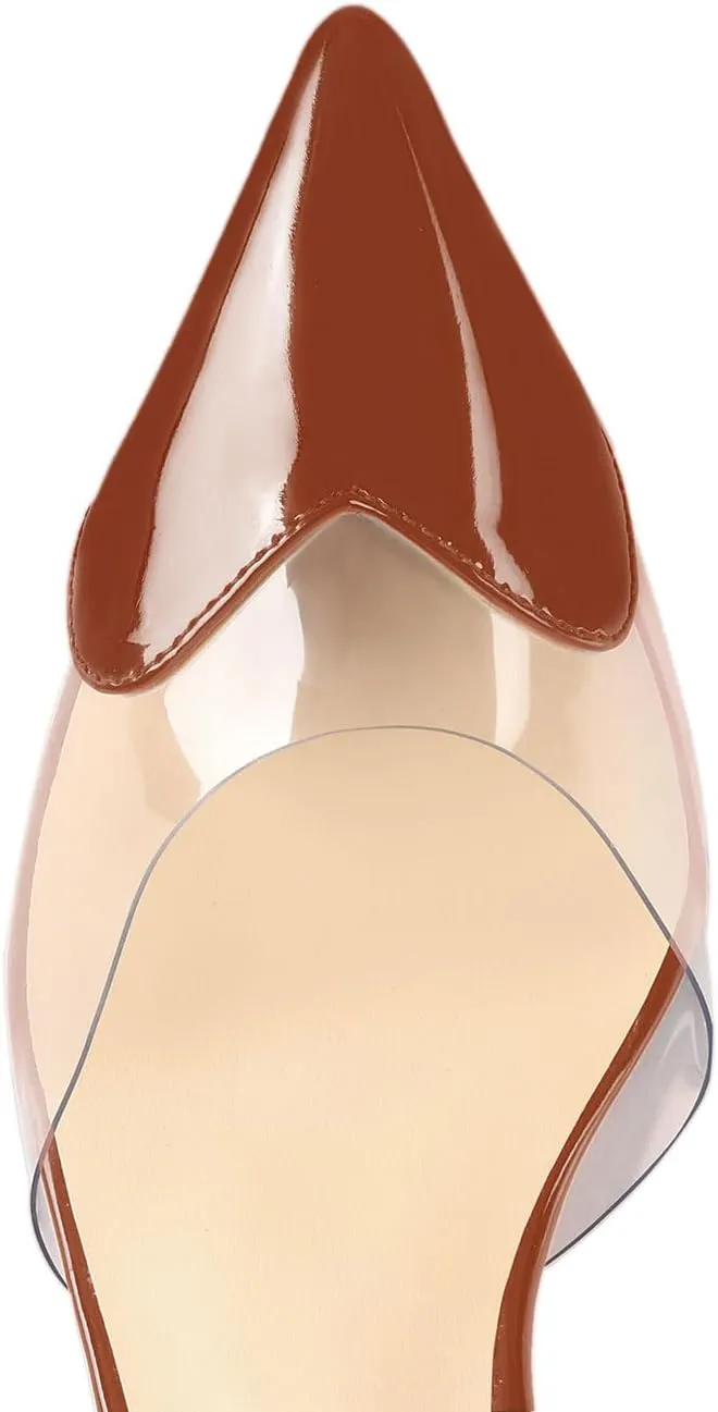 Women's Pointed Toe Cute Heart Kitten Clear Heels Transparent PVC Patent Leather Splicing Slingback Mid Heel Pumps Wedding Office Party Dressy Heeled Sandals for Women