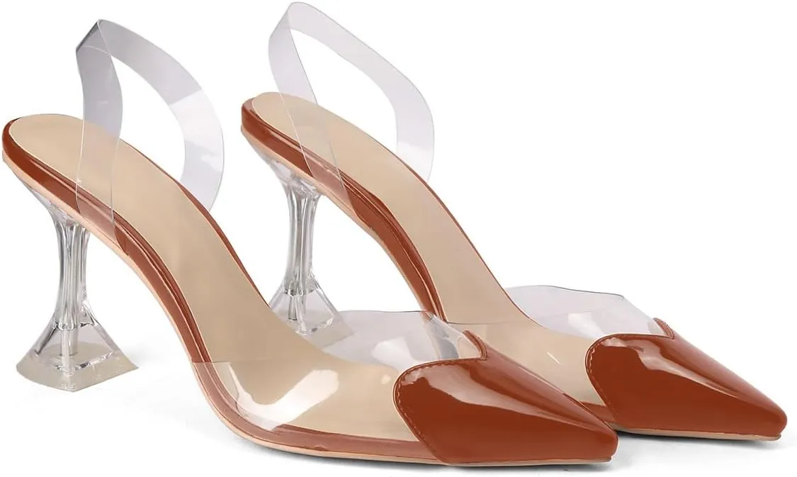 Women's Pointed Toe Cute Heart Kitten Clear Heels Transparent PVC Patent Leather Splicing Slingback Mid Heel Pumps Wedding Office Party Dressy Heeled Sandals for Women