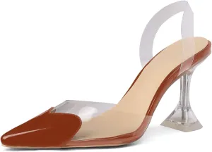 Women's Pointed Toe Cute Heart Kitten Clear Heels Transparent PVC Patent Leather Splicing Slingback Mid Heel Pumps Wedding Office Party Dressy Heeled Sandals for Women