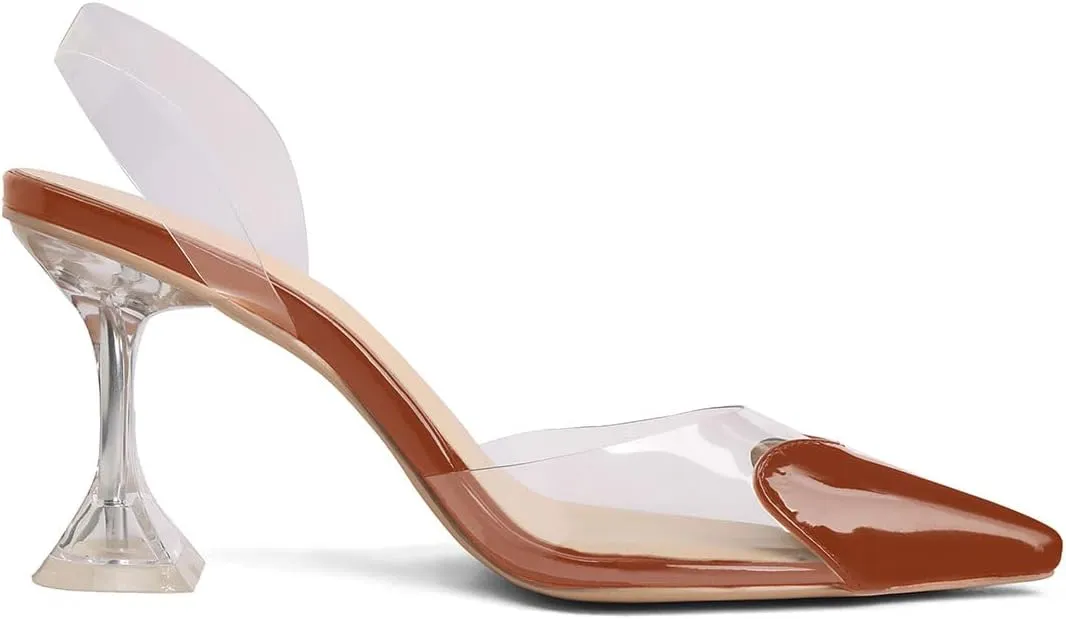 Women's Pointed Toe Cute Heart Kitten Clear Heels Transparent PVC Patent Leather Splicing Slingback Mid Heel Pumps Wedding Office Party Dressy Heeled Sandals for Women