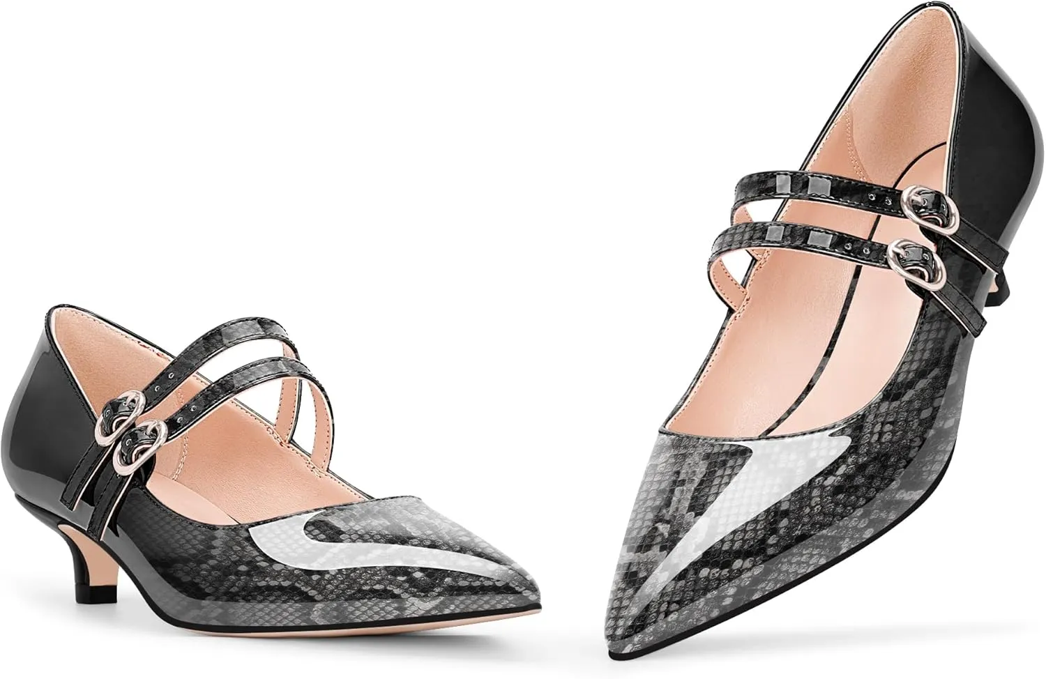 Women's Pointed Toe Kitten Heel Mary Jane Pumps Double Buckle Strap Dress Shoes