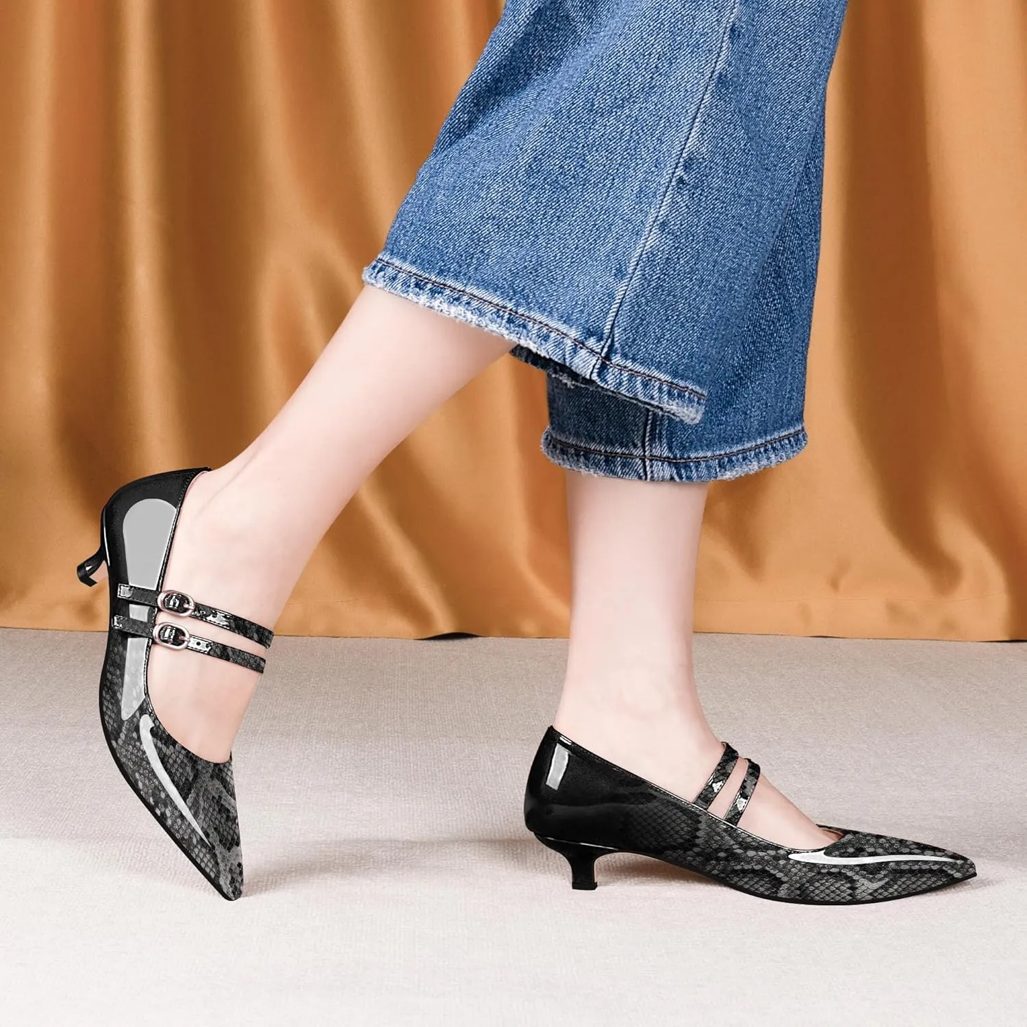 Women's Pointed Toe Kitten Heel Mary Jane Pumps Double Buckle Strap Dress Shoes