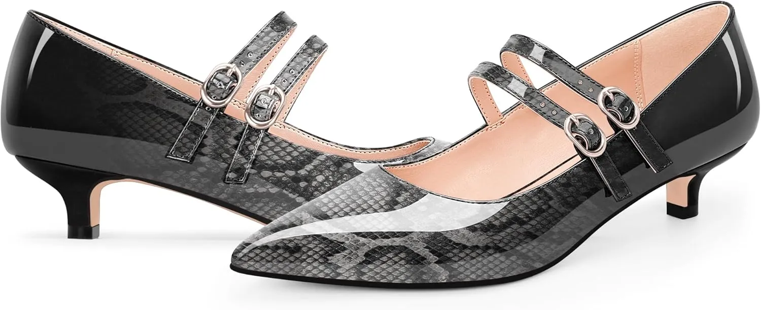Women's Pointed Toe Kitten Heel Mary Jane Pumps Double Buckle Strap Dress Shoes