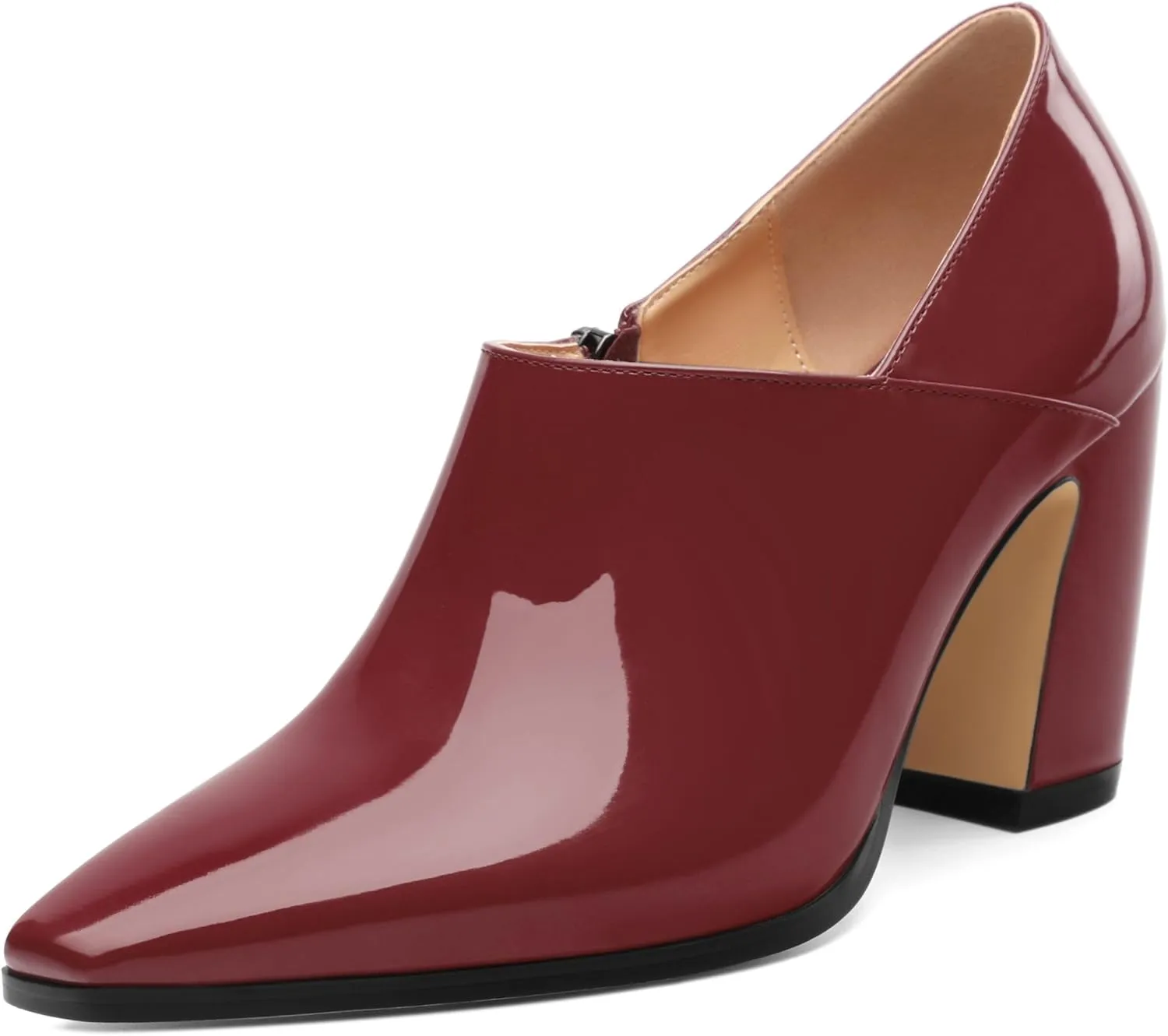 Women's Pumps, Patent Leather Square Toe Side Zipper Chunky Block High Heels Shoes, Elegant Comfort Casual Slip On Wedding Dress Shoes 3.35 Inch