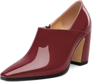 Women's Pumps, Patent Leather Square Toe Side Zipper Chunky Block High Heels Shoes, Elegant Comfort Casual Slip On Wedding Dress Shoes 3.35 Inch