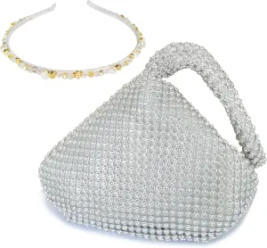 Women's Rhinestone Clutch Evening Bag with Pearls Headband, Full Diamond Clutch Purse Satin Lining, Medium Size - Silver
