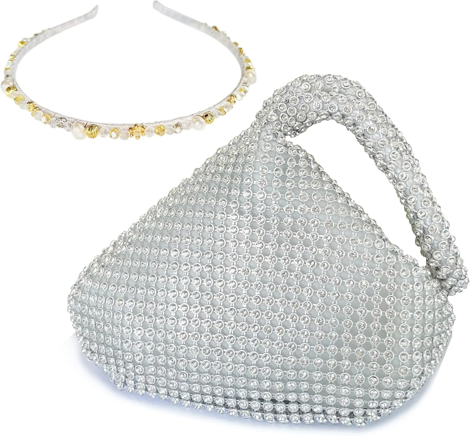 Women's Rhinestone Clutch Evening Bag with Pearls Headband, Full Diamond Clutch Purse Satin Lining, Medium Size - Silver