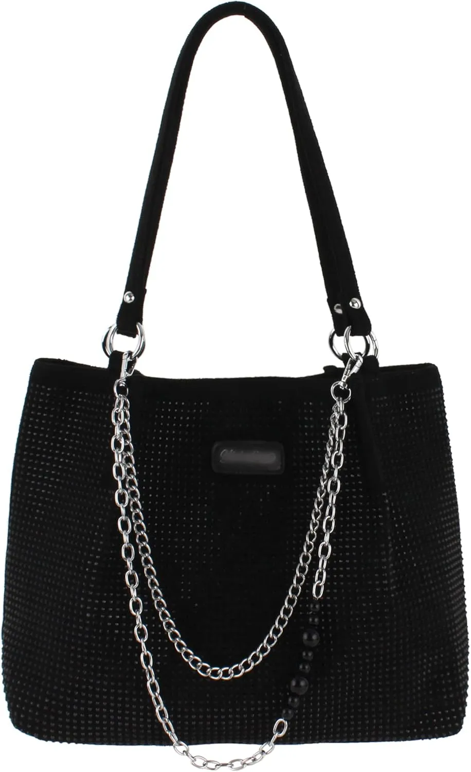Womens Rhinestones Shoulder Tote Bag Faux Suede Crystal Glitter Handbag Top Handle with Chains Underarm Satchel